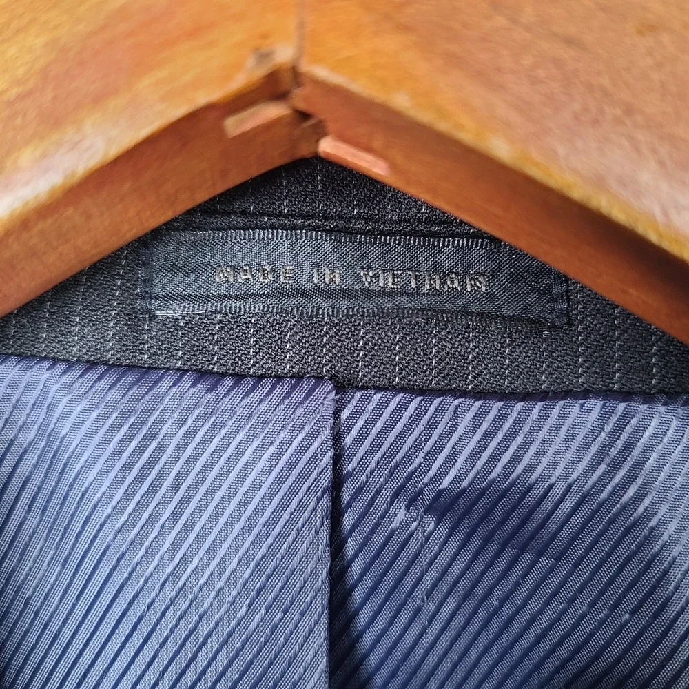 Andrew Fezza Jacket Mens 48L Black Striped Blazer Poly Wool Blend 2 Button Peaks
